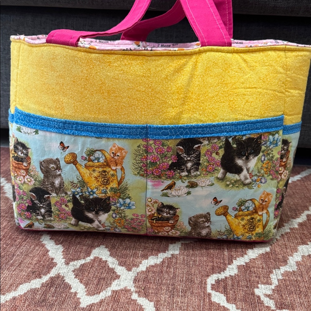 Handmade Padded Tote Bag – Cat Print Patchwork Organizer w/ Tons of Pockets - Picture 5 of 10